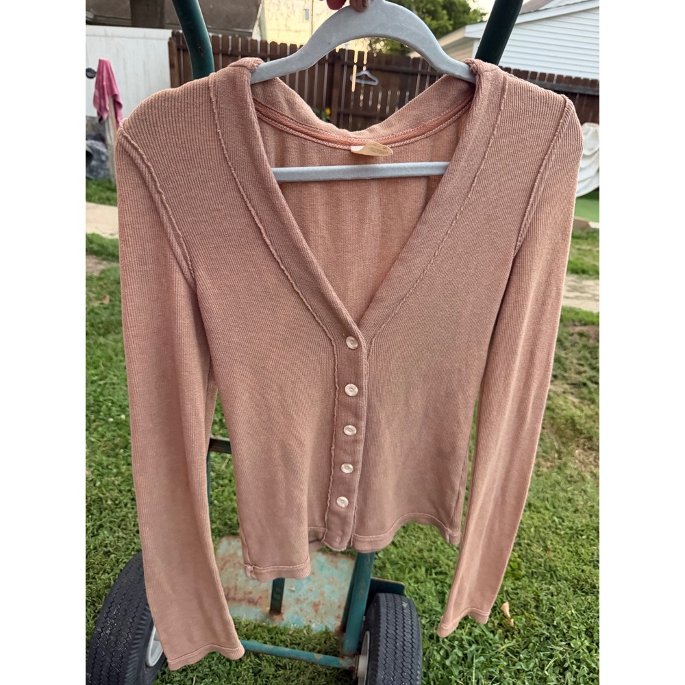 We The Free Free People Ribbed V-Neck Button Front Cardigan Tan OB860923 Medium